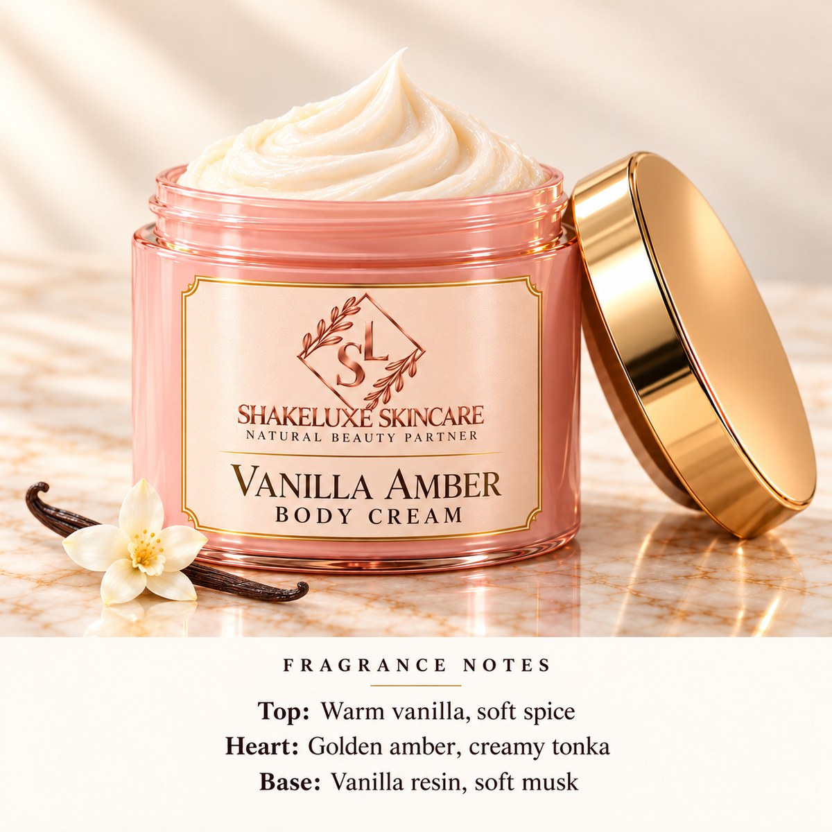 ShakeLuxe Vanilla Amber Body Cream with SL branding and fragrance notes.