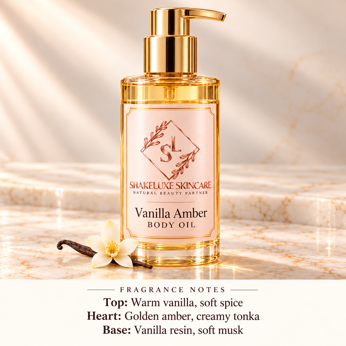 ShakeLuxe Vanilla Amber Body Oil with SL branding and fragrance notes.