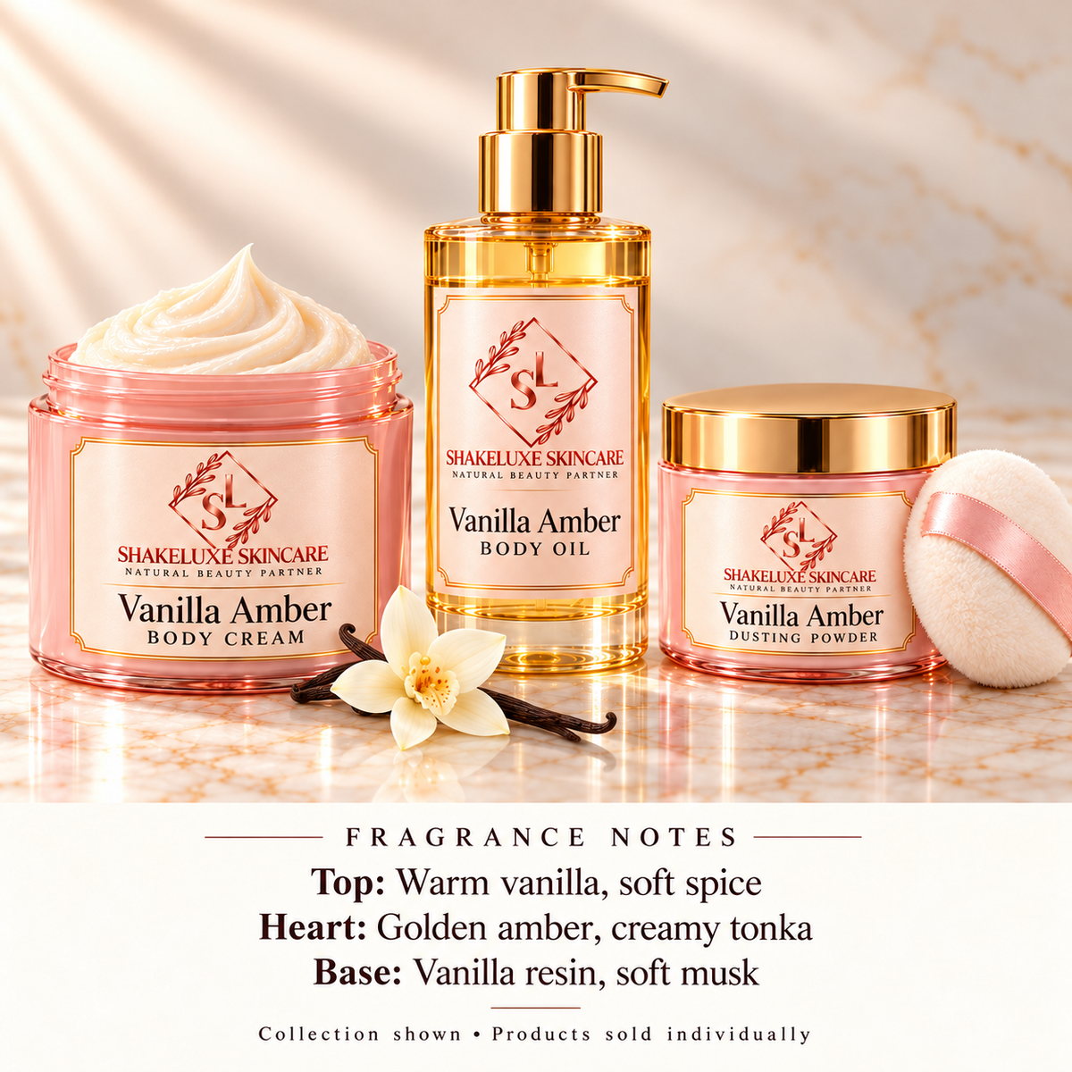ShakeLuxe Vanilla Amber cream, body oil and dusting powder collection with fragrance notes. Products sold individually.