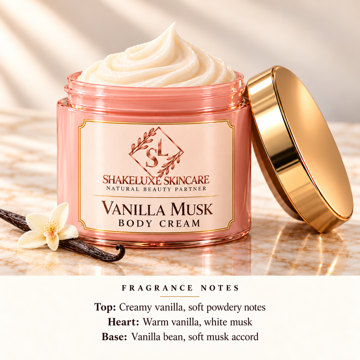 ShakeLuxe Vanilla Musk Body Cream with SL branding and fragrance notes.