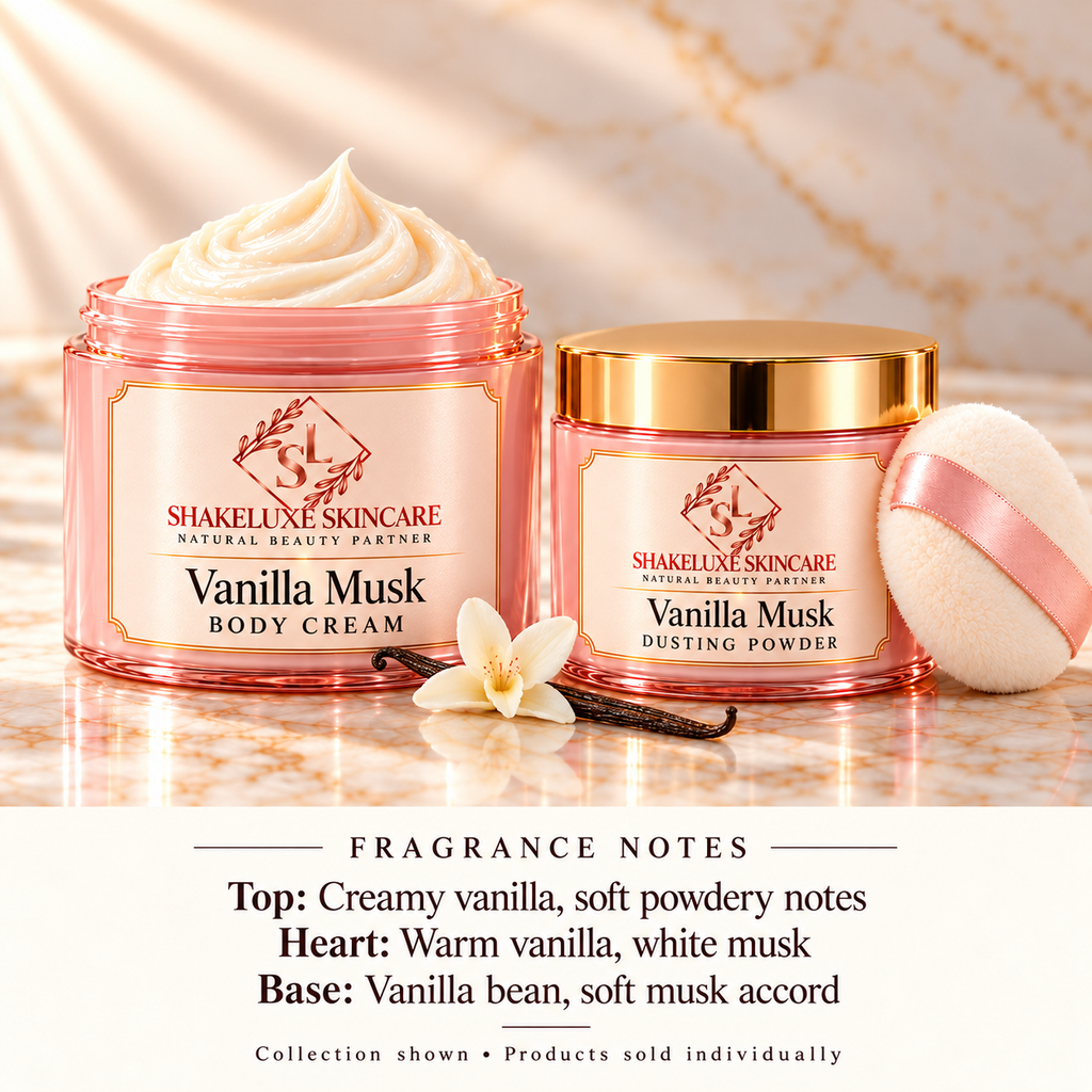 ShakeLuxe Vanilla Musk body cream and dusting powder collection with SL branding and fragrance notes. Products sold individually.