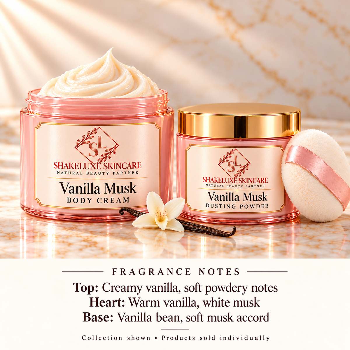ShakeLuxe Vanilla Musk body cream and dusting powder collection with SL branding and fragrance notes. Products sold individually.