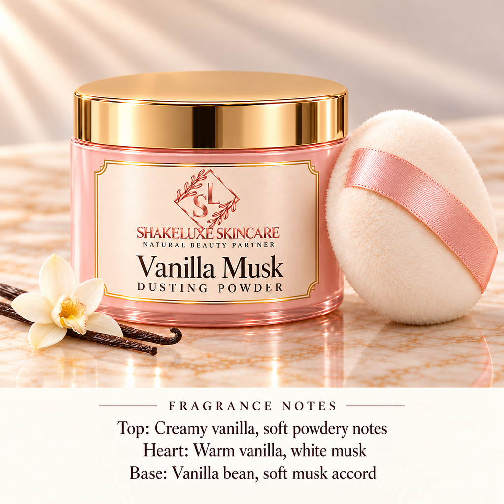 ShakeLuxe Vanilla Musk Dusting Powder with SL branding and fragrance notes.