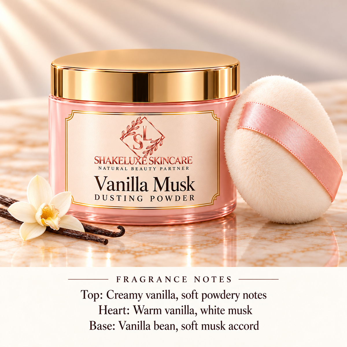 ShakeLuxe Vanilla Musk Dusting Powder with SL branding and fragrance notes.