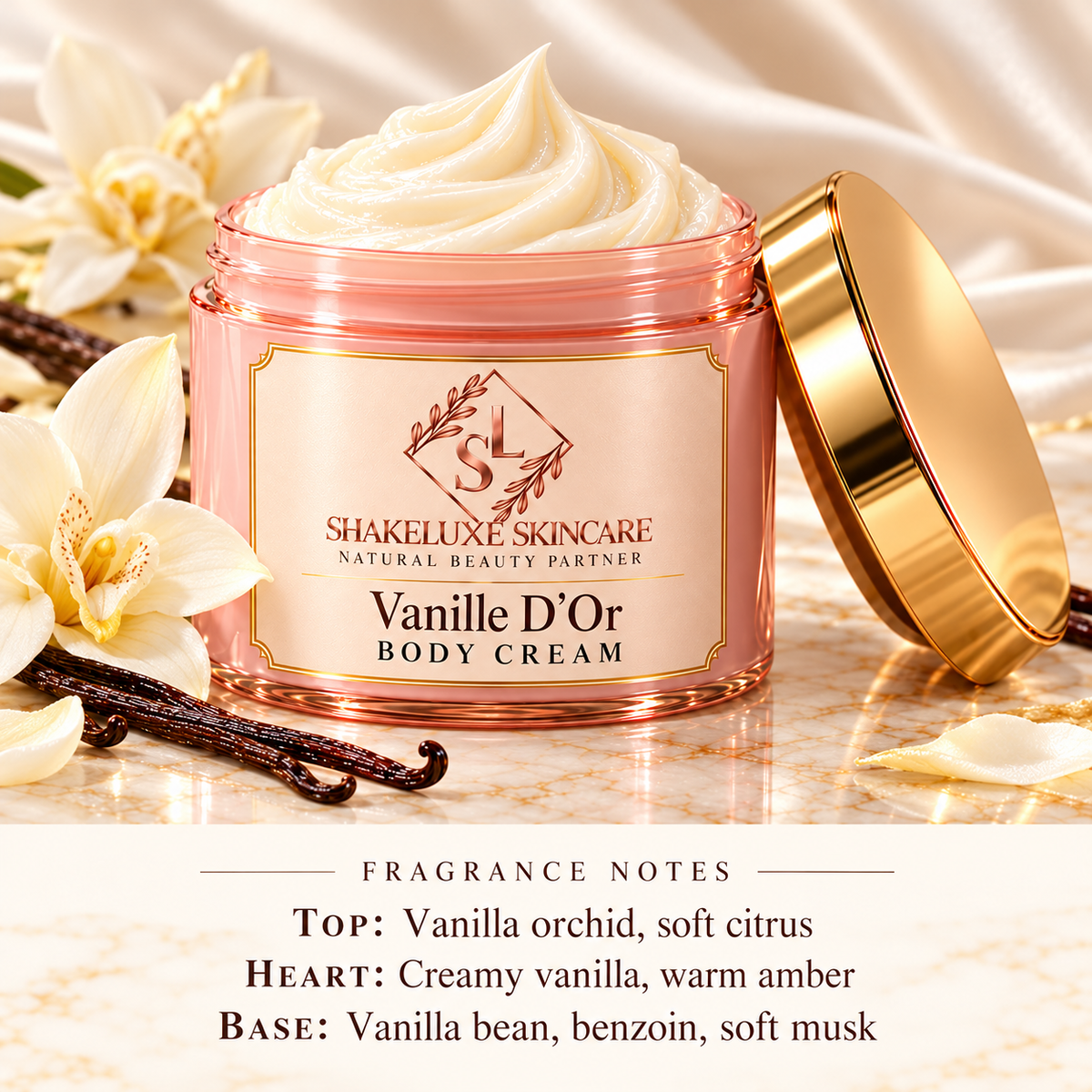 ShakeLuxe Vanille D’Or body cream in pink and gold packaging with fragrance notes