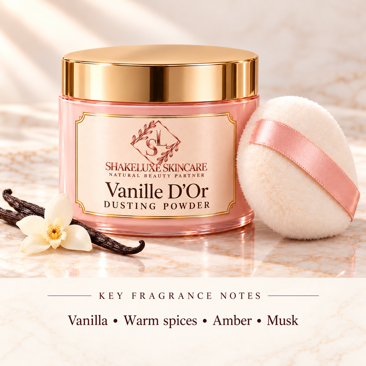Vanille D’Or dusting powder — vanilla, warm spices, amber and musk