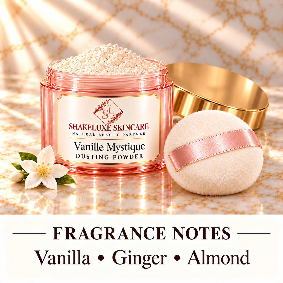ShakeLuxe Vanille Mystique Dusting Powder detail view; vanilla, ginger and almond fragrance notes
