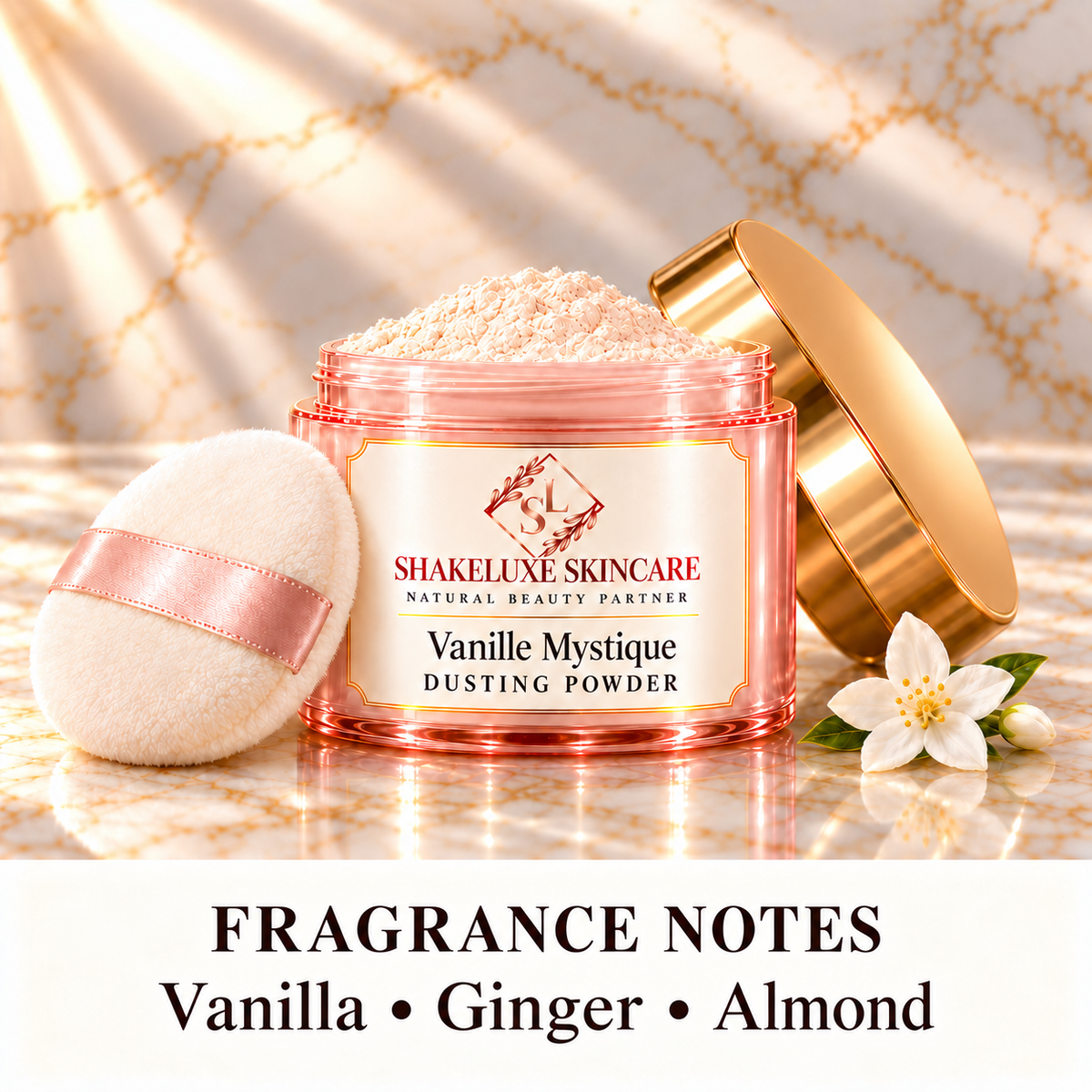 ShakeLuxe Vanille Mystique Dusting Powder main view; vanilla, ginger and almond fragrance notes