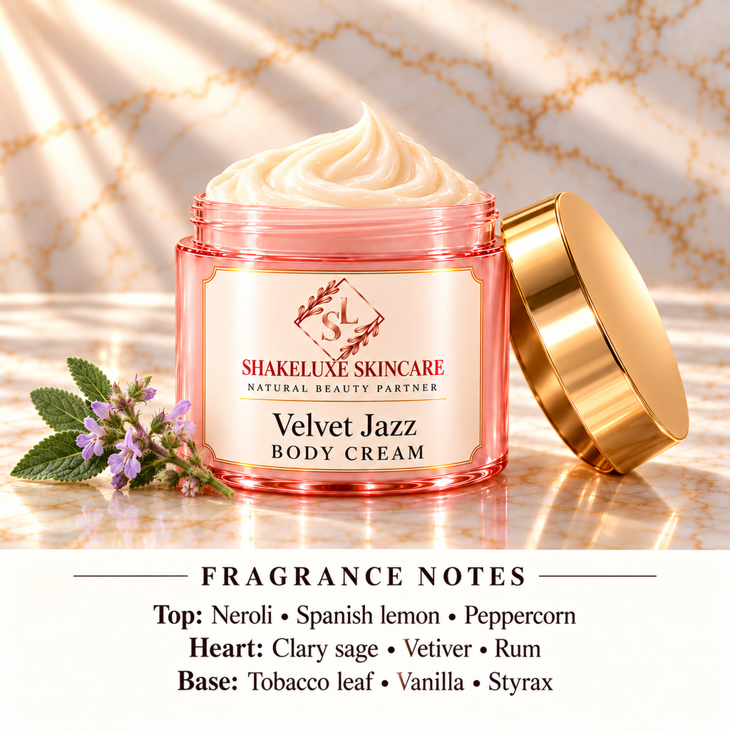 Velvet Jazz body cream main product image with ShakeLuxe SL branding and fragrance notes