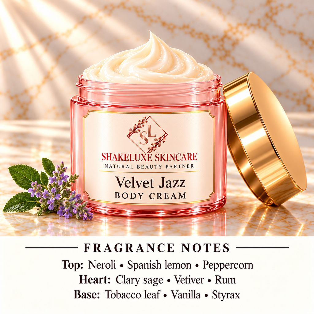 Velvet Jazz body cream close-up with ShakeLuxe SL branding and fragrance notes