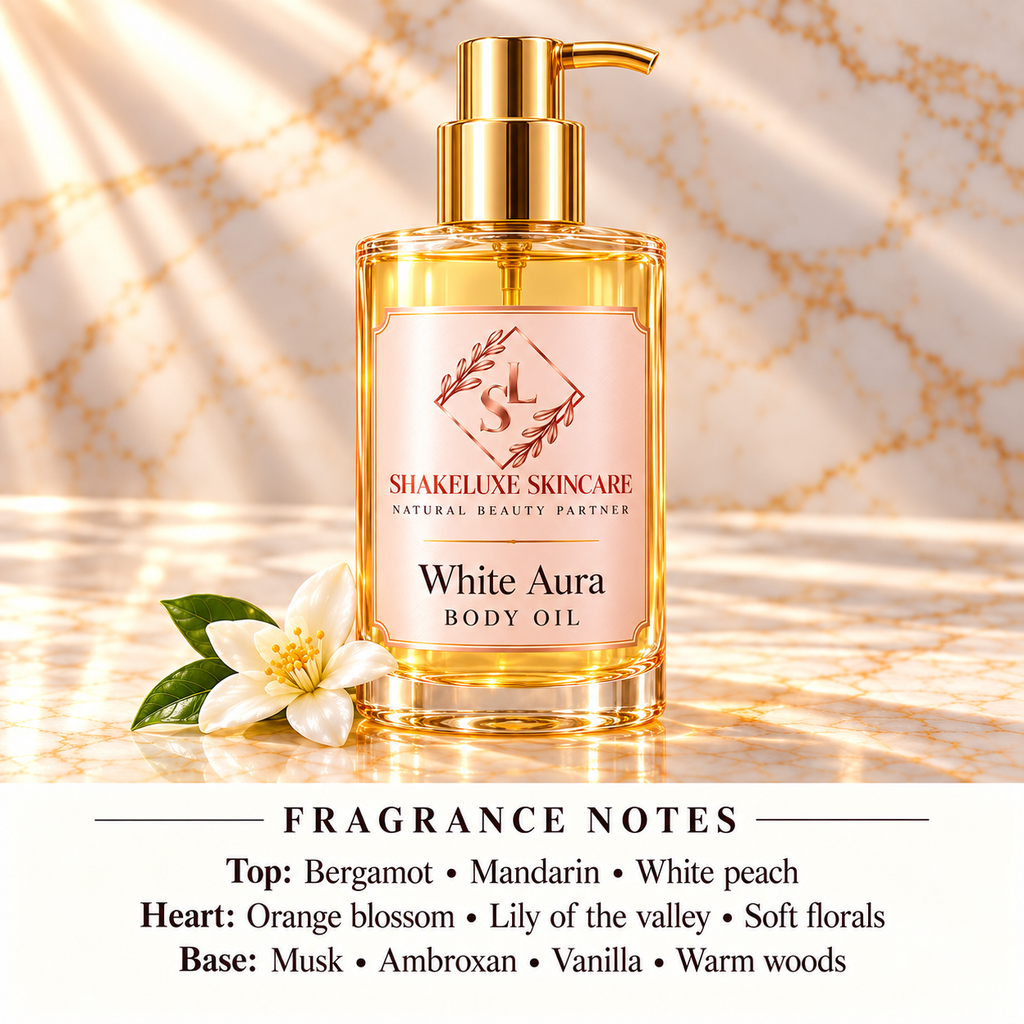 White Aura body oil with ShakeLuxe SL branding and fragrance notes