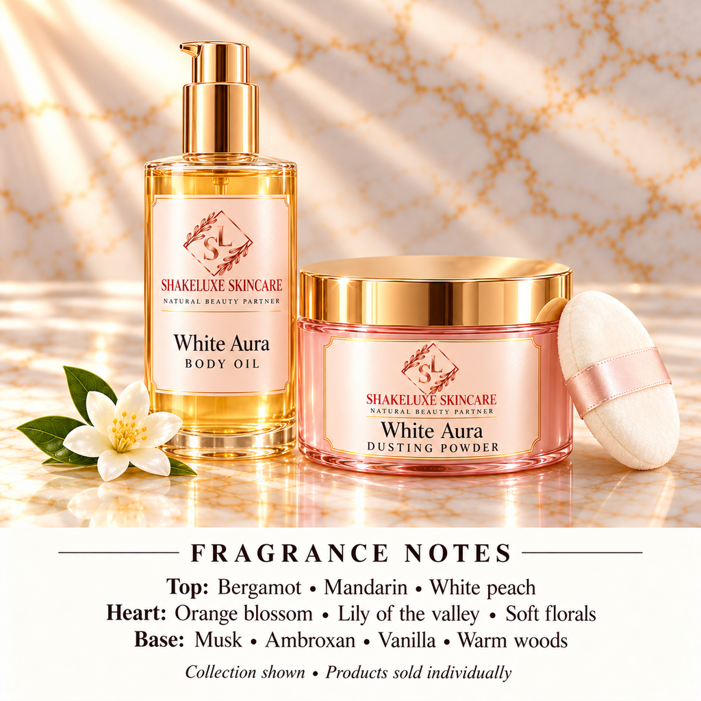 White Aura collection with ShakeLuxe SL branding and fragrance notes